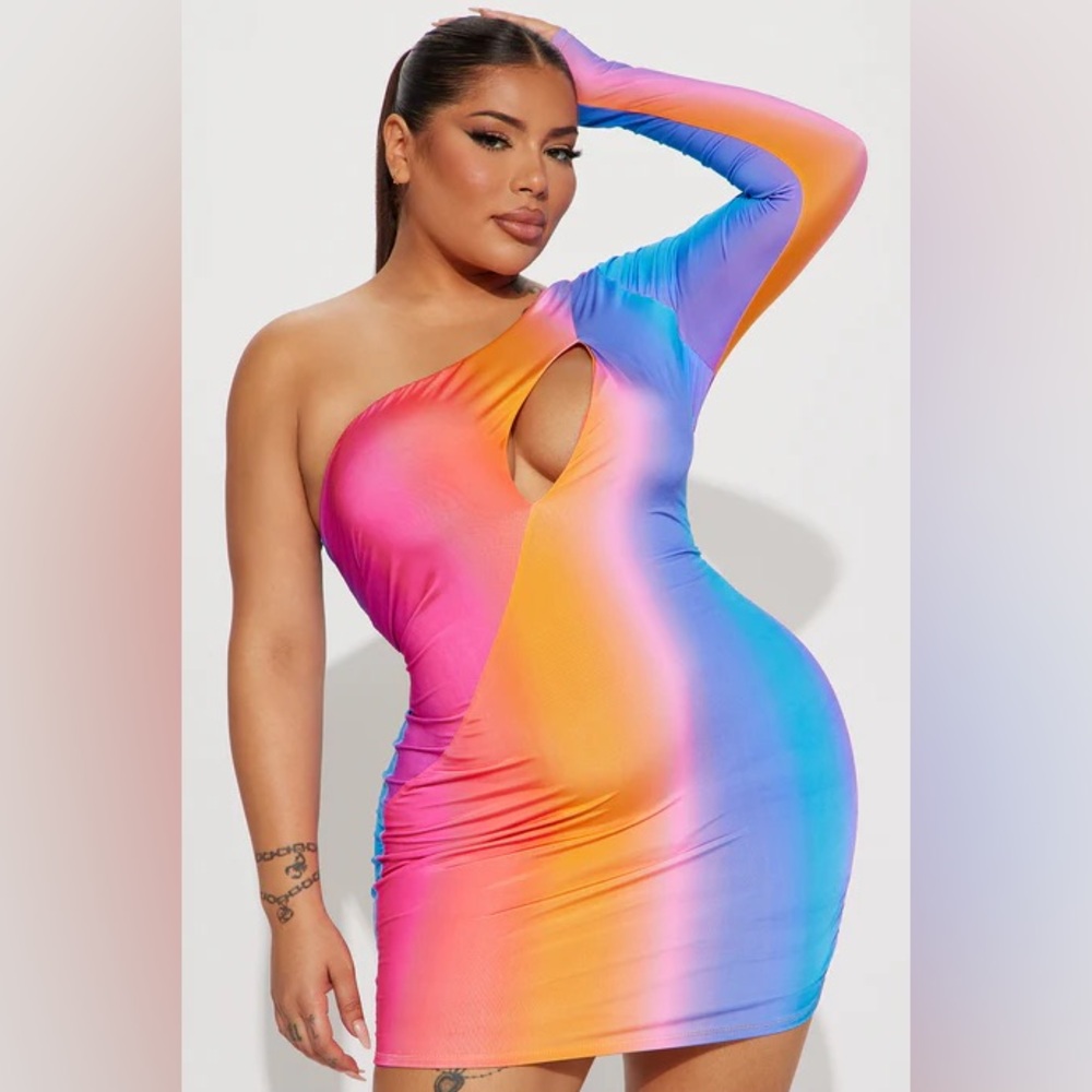 Fashion Nova Colorful One-Shoulder Dress